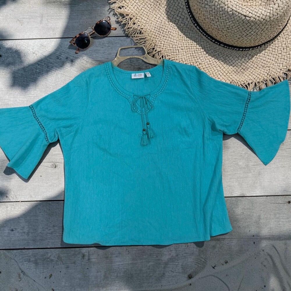d&co Denim & Company Women’s 1X Turquoise Boho Peasant Blouse - Picture 4 of 12